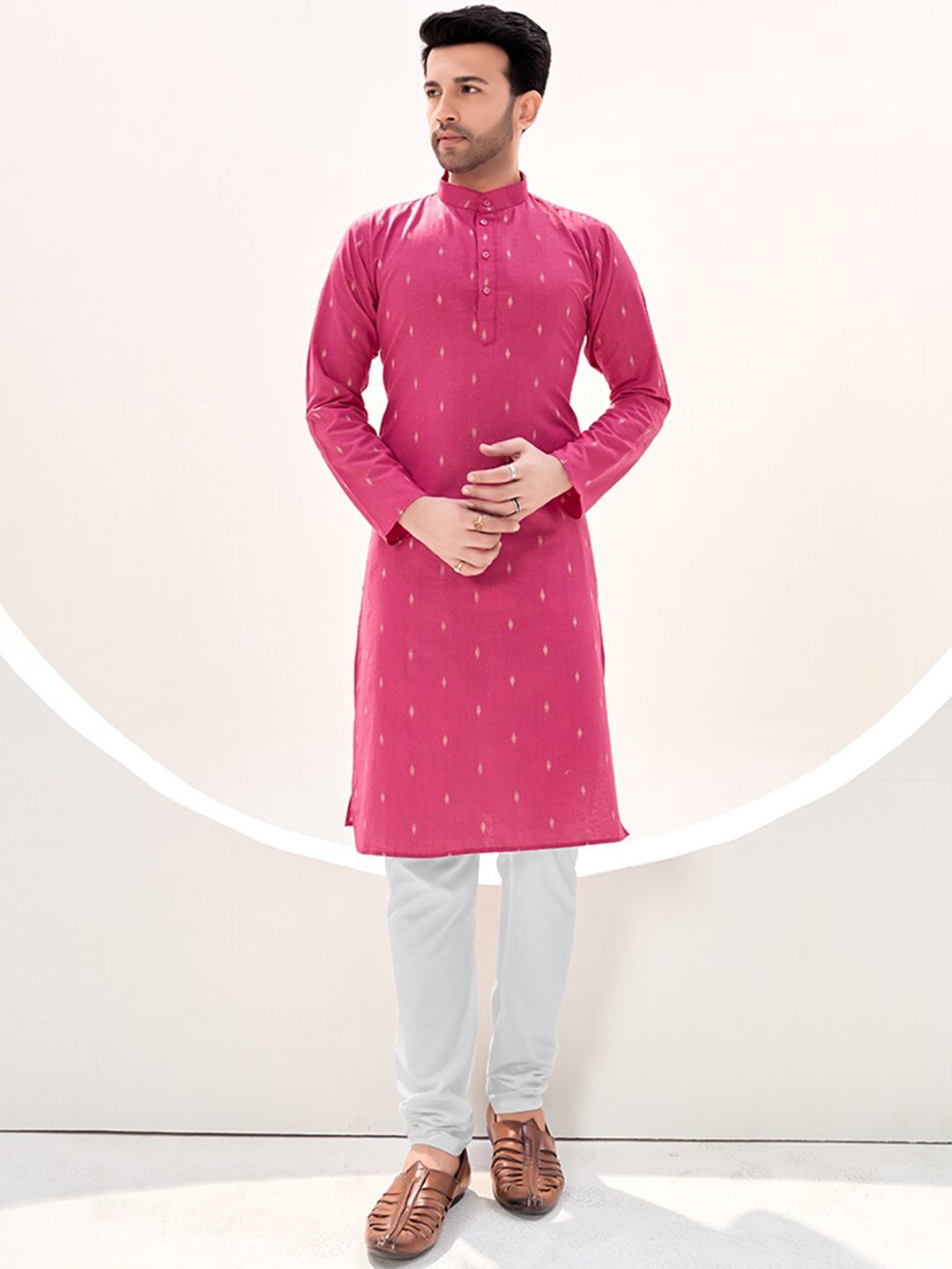 

SHOPGARB Woven Design Mandarin Collar Long Sleeve Kurta, Pink