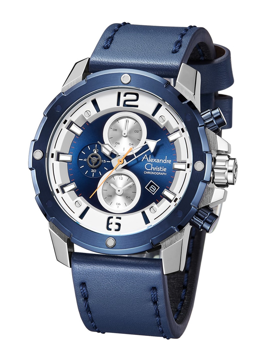 

Alexandre Christie Men Leather Straps Analogue Watch 6410MCLTUSLBU, Silver