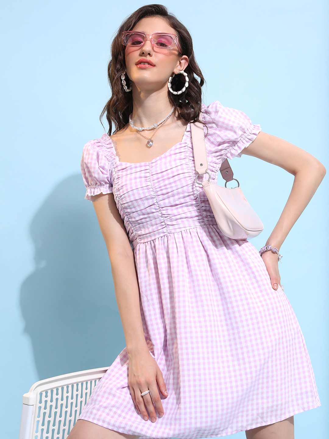 

Tokyo Talkies Lavender Checked Square Neck Puff Sleeve Gathered Fit & Flare Dress