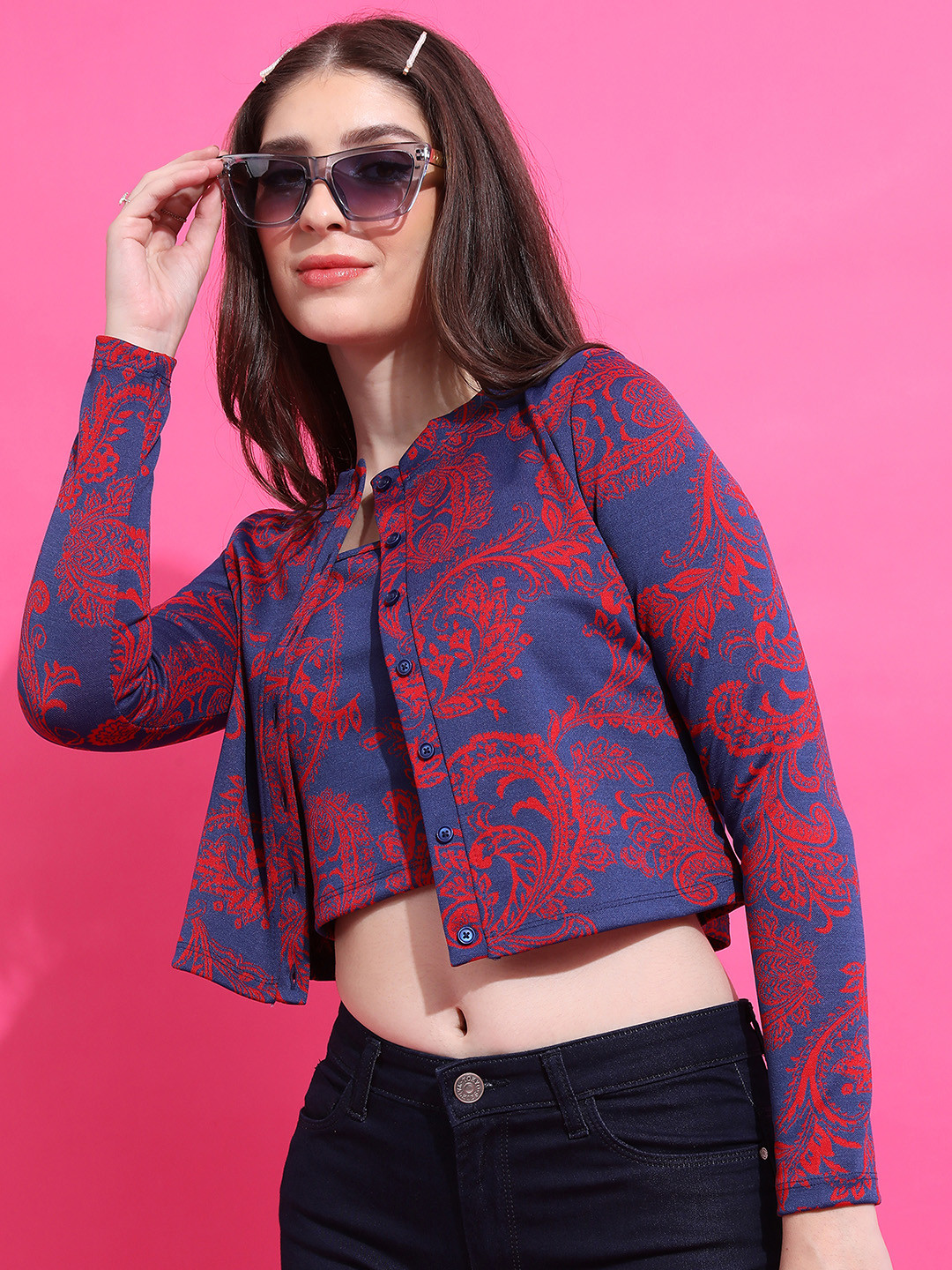 

Tokyo Talkies Women Floral Printed Fitted Crop Top With Jacket, Navy blue