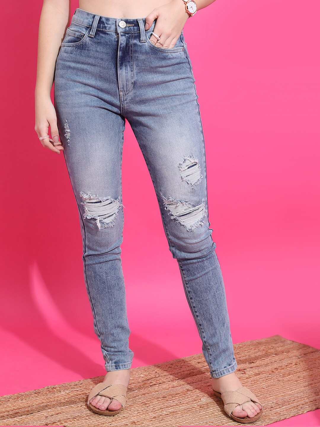 

Tokyo Talkies Mid-Rise Skinny Fit Mildly Distressed Heavy Fade Ripped Stretchable Jeans, Blue