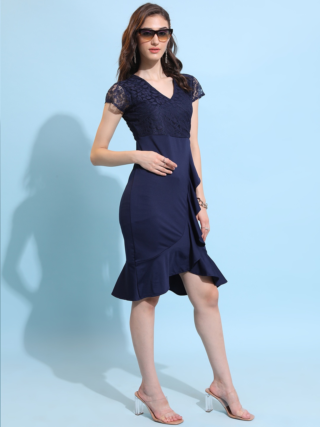 

Tokyo Talkies Black V-Neck Ruffled Sheath Dress, Navy blue