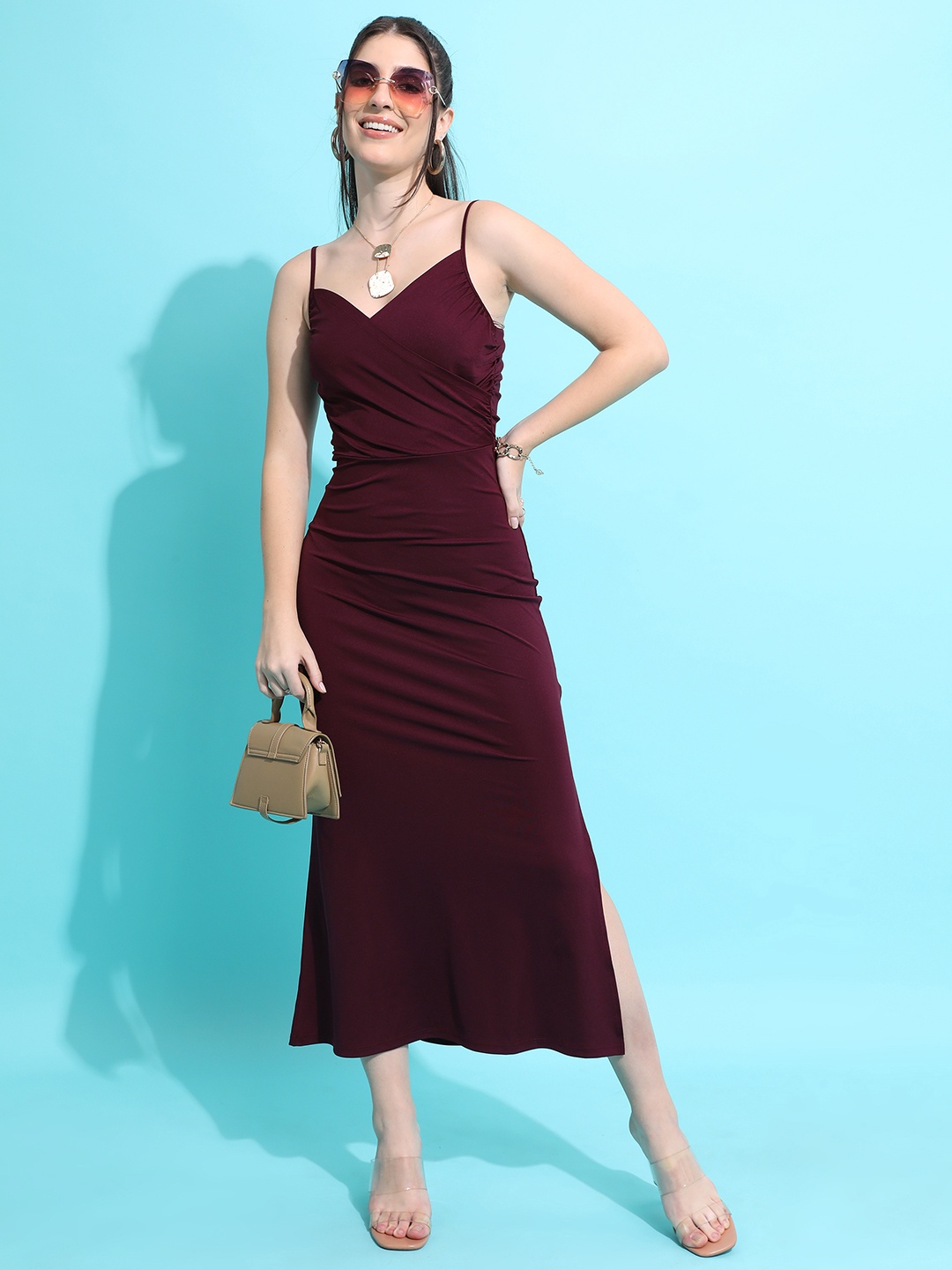 

Tokyo Talkies Burgundy Shoulder Strap Sleeveless Pleated Sheath Midi Dress