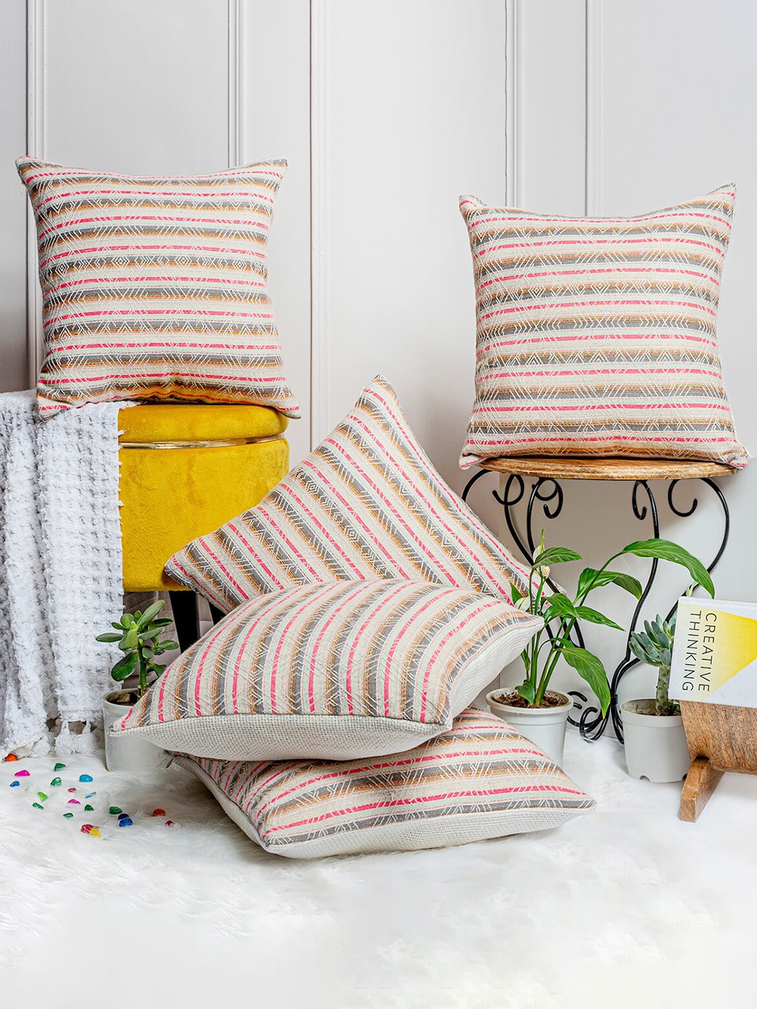 

ANWYN Beige & Pink 5 Pieces Striped Jacquard Square Cushion Covers