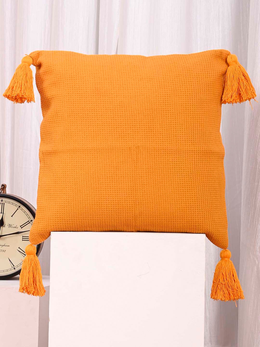 

OUSSUM Orange Cotton Square Cushion Covers With Tassels