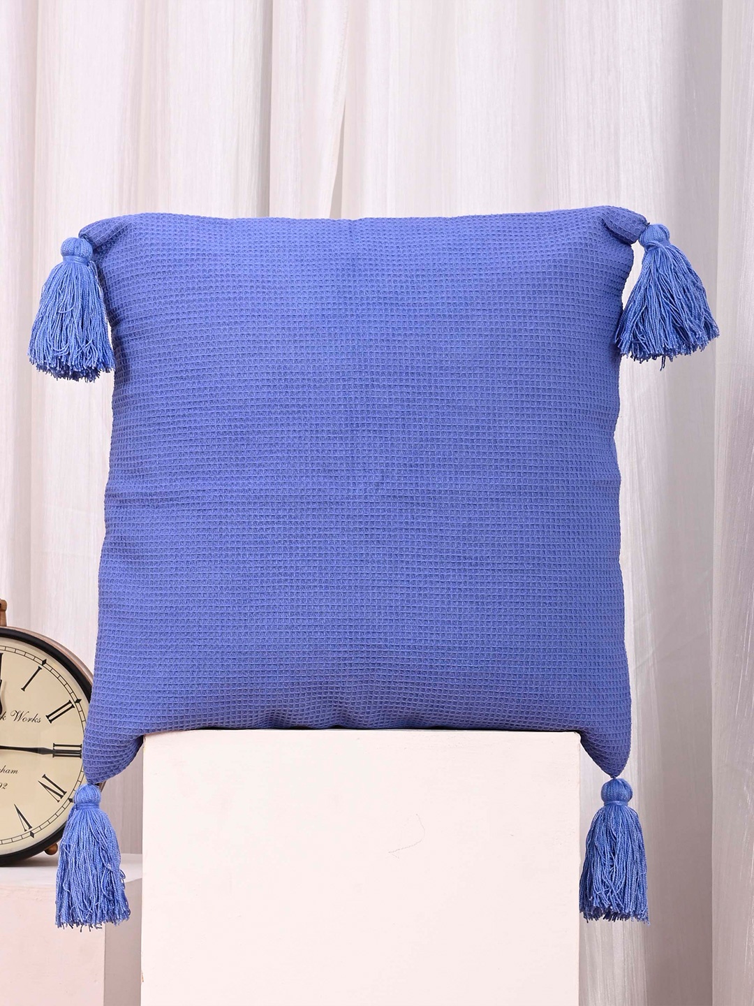 

OUSSUM Blue Square Cotton Cushion Covers With Tassels