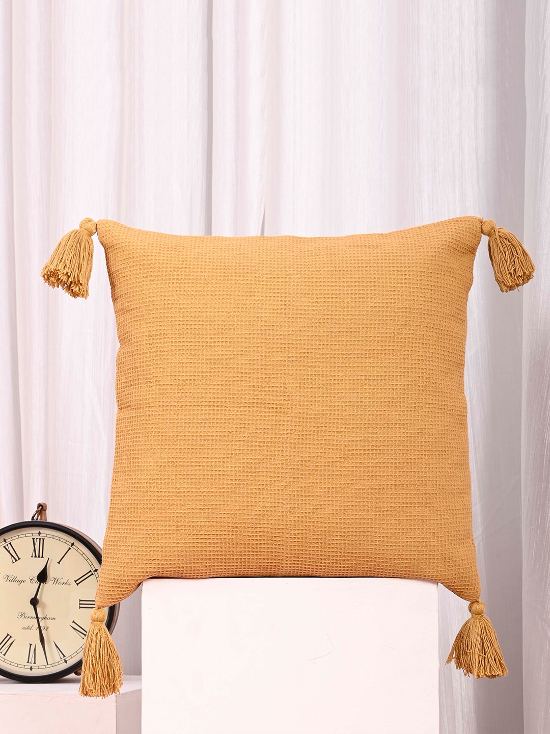 

OUSSUM Beige Cotton Square Cushion Cover With Tassels