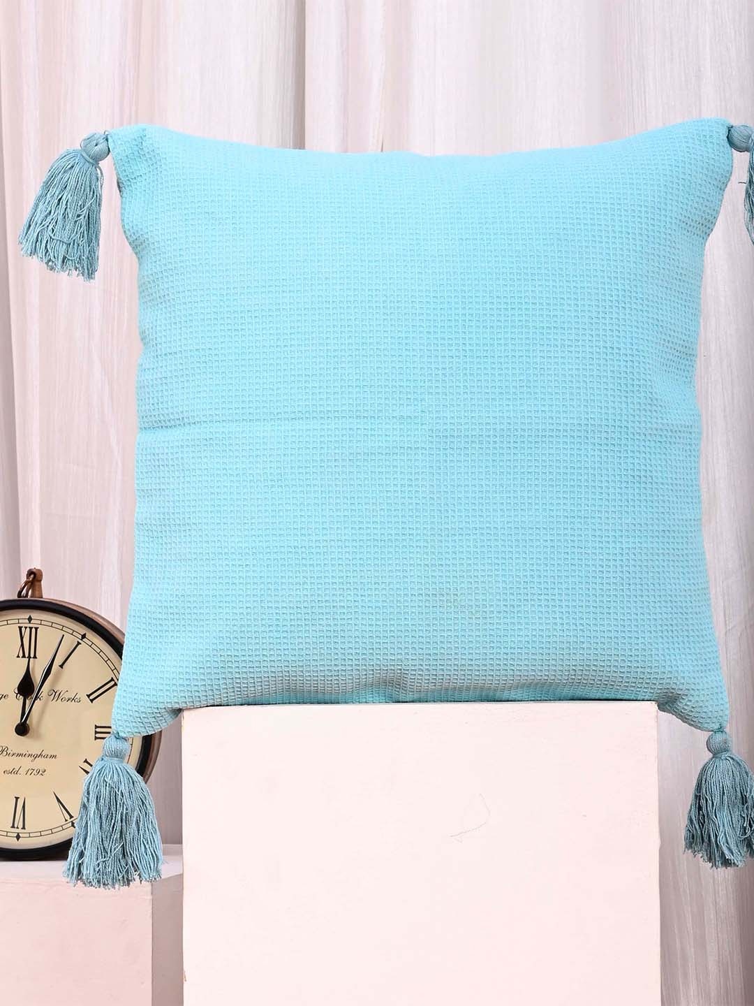 

OUSSUM Blue Square Cotton Cushion Covers With Tassels