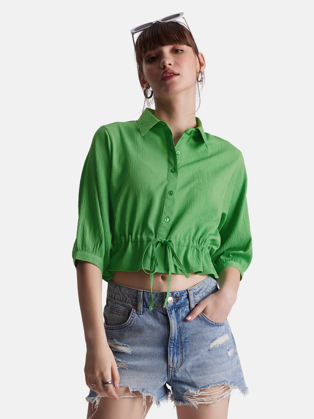 

The Souled Store Green Shirt Collar Crop Shirt Style Top