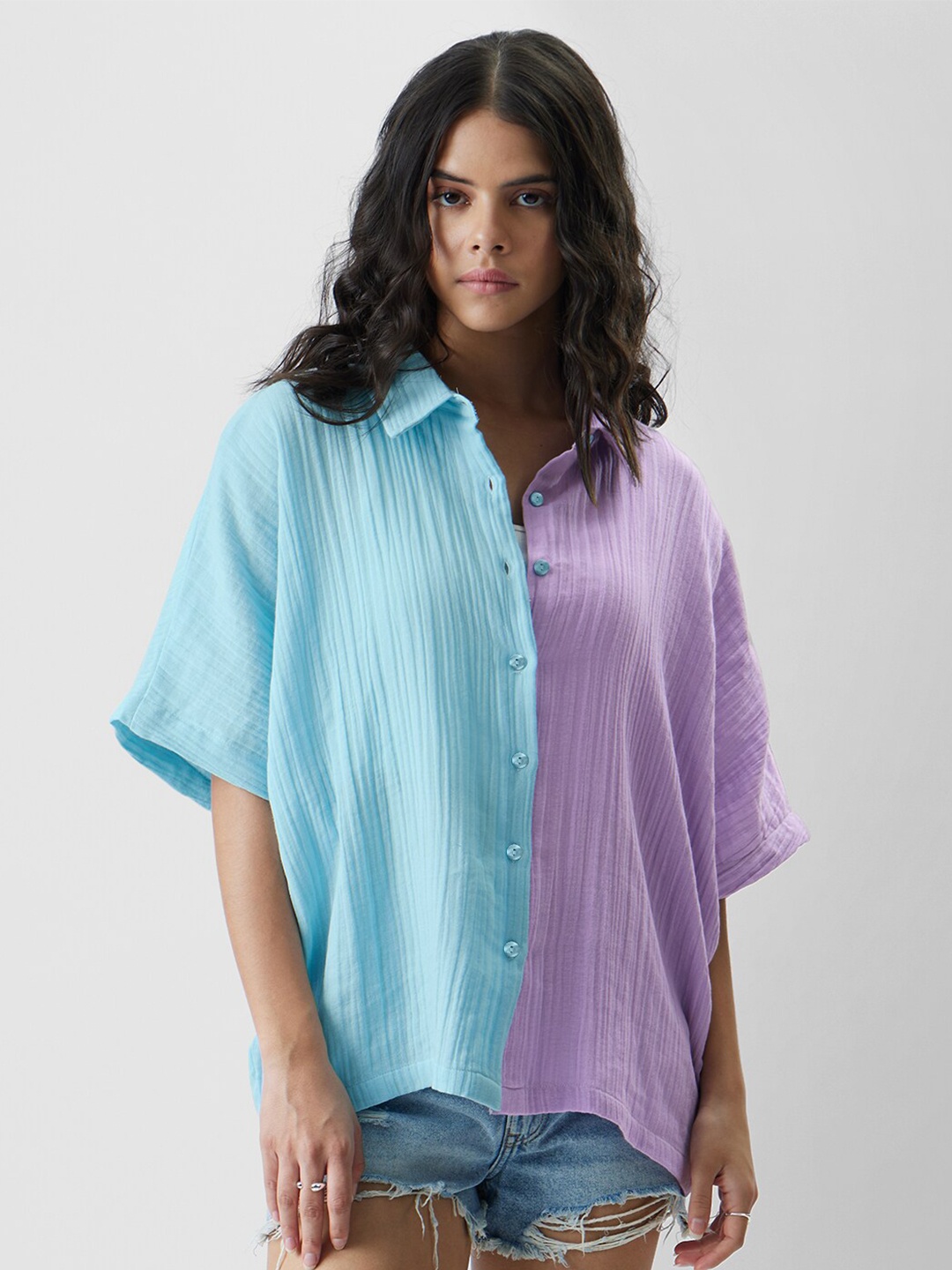 

The Souled Store Blue & Purple Colourblocked Pure Cotton Shirt Style Top