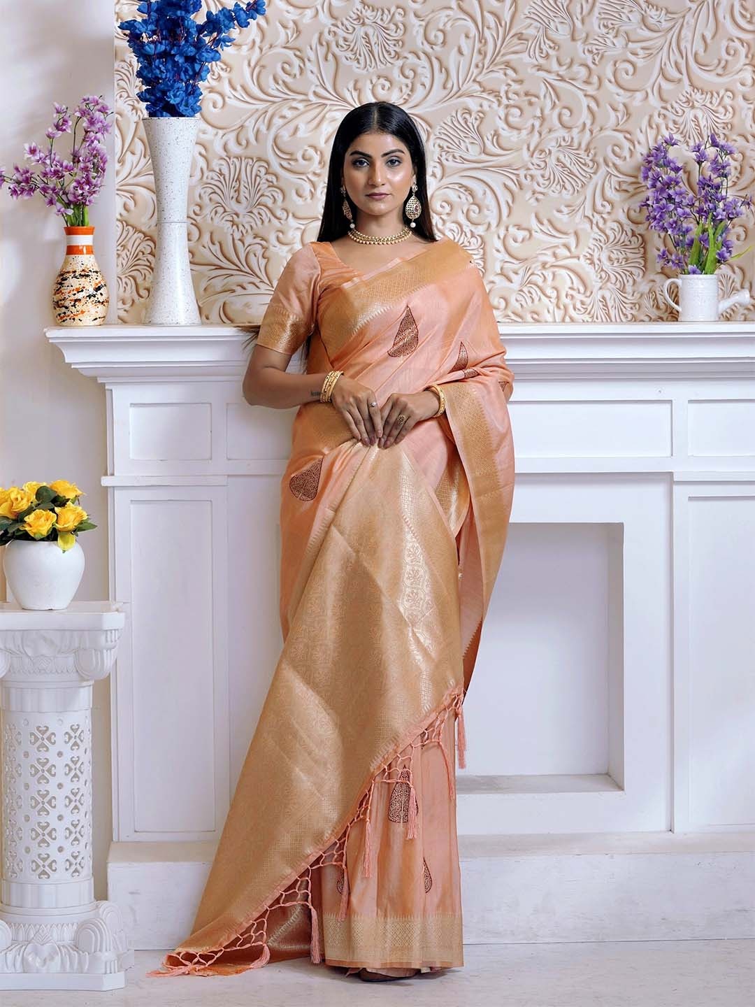 

FLOURIOUS Ethnic Motifs Woven Design Zari Banarasi Saree, Peach