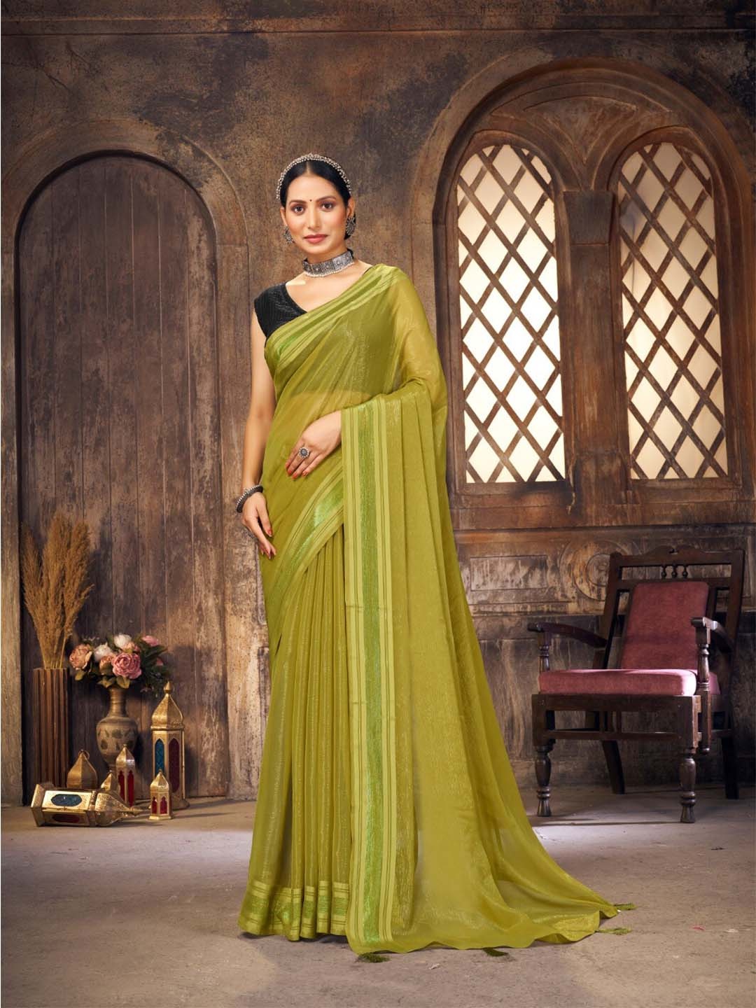 

FLOURIOUS Shimmer Zari Tassels Pallu Saree, Olive