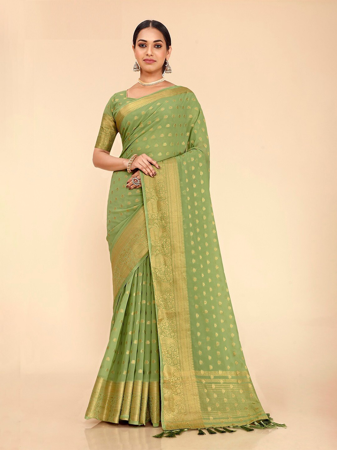 

FLOURIOUS Ethnic Motifs Woven Design Zari Pure Georgette Banarasi Saree, Green