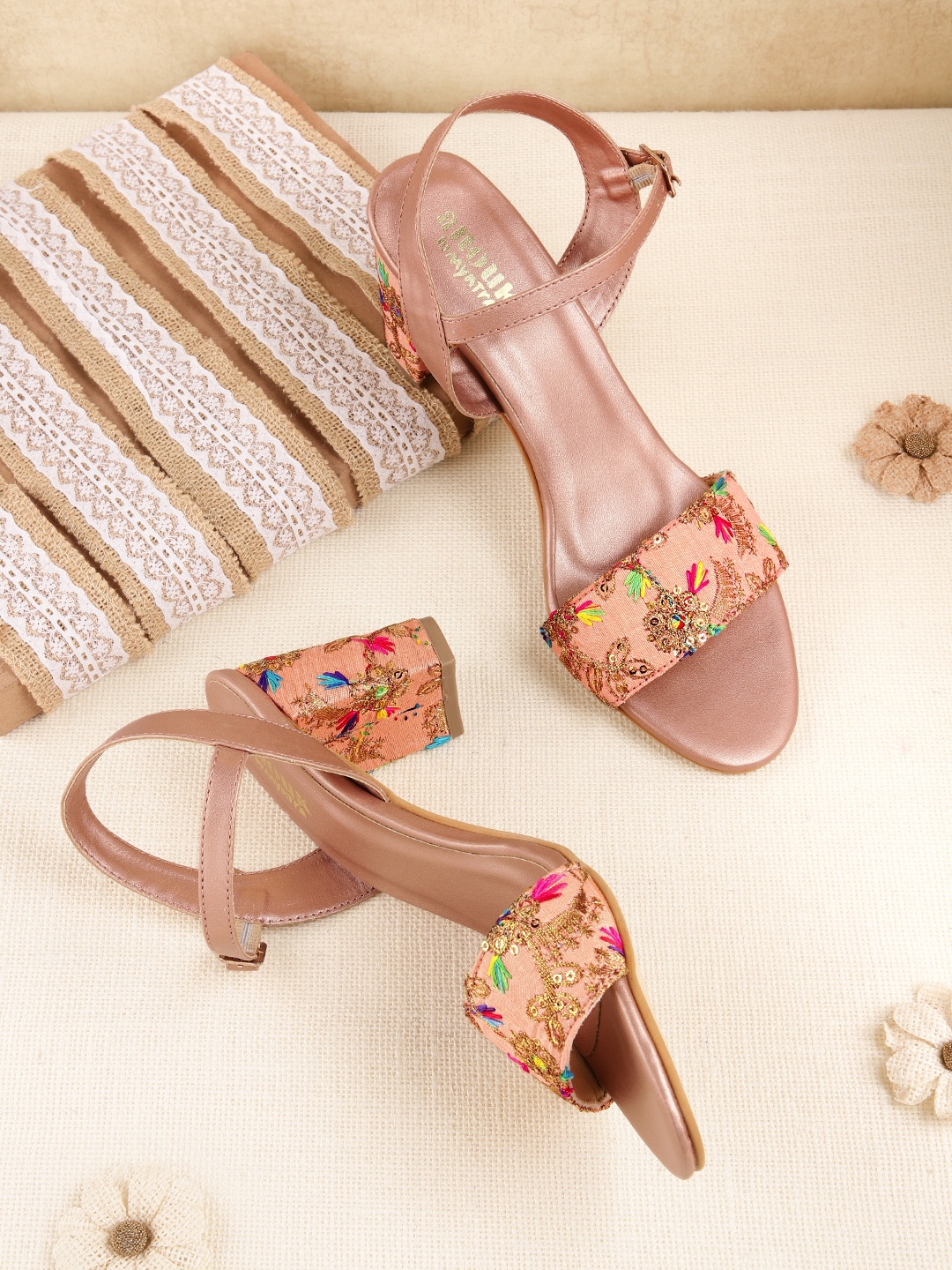 

Anouk Women Woven Design Ethnic Embellished Block Heels, Peach
