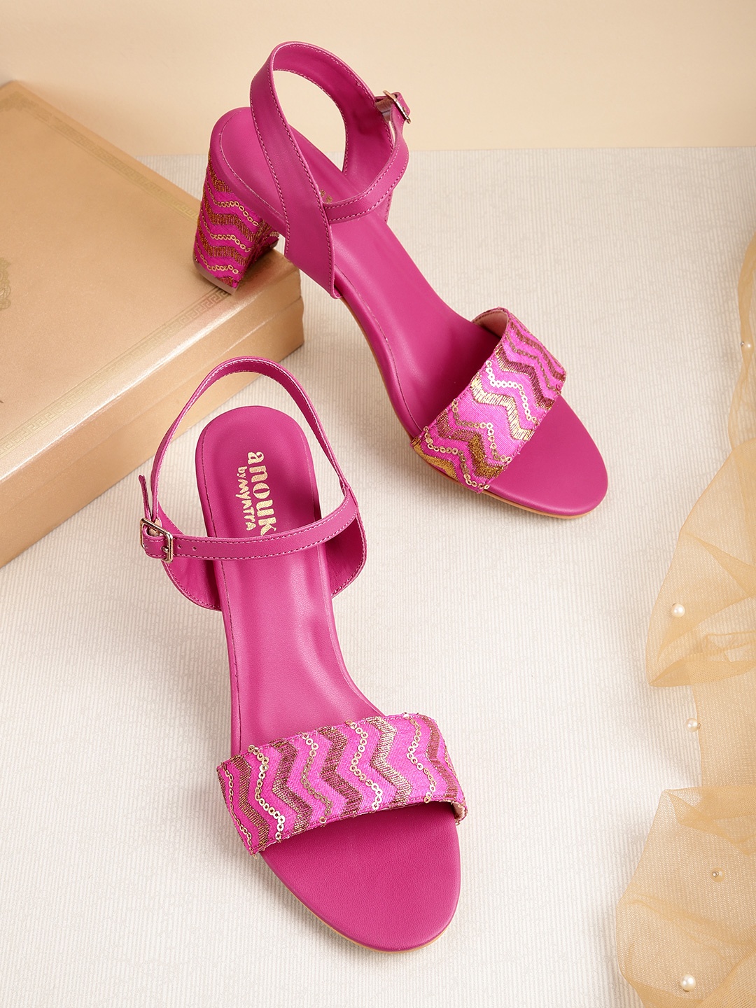 

Anouk Women Woven Design Ethnic Embellished Block Heels, Fuchsia