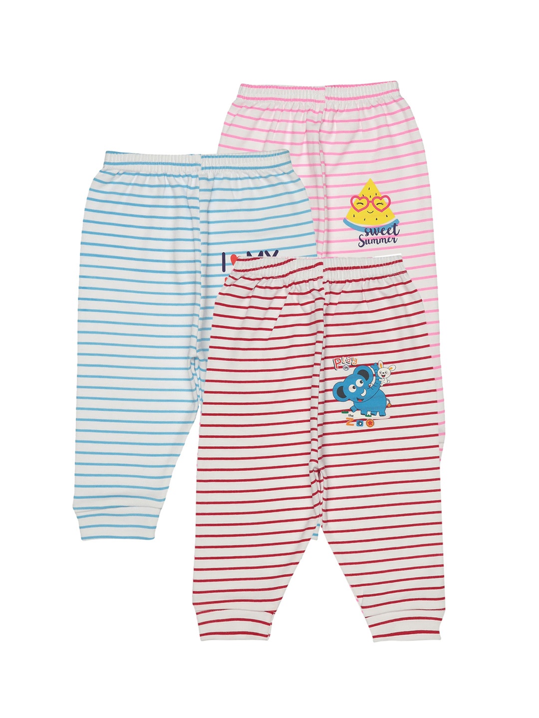 Bodycare Kids Infant Assorted Pack Of 3 Striped Mid-Rise Cotton Lounge Pants