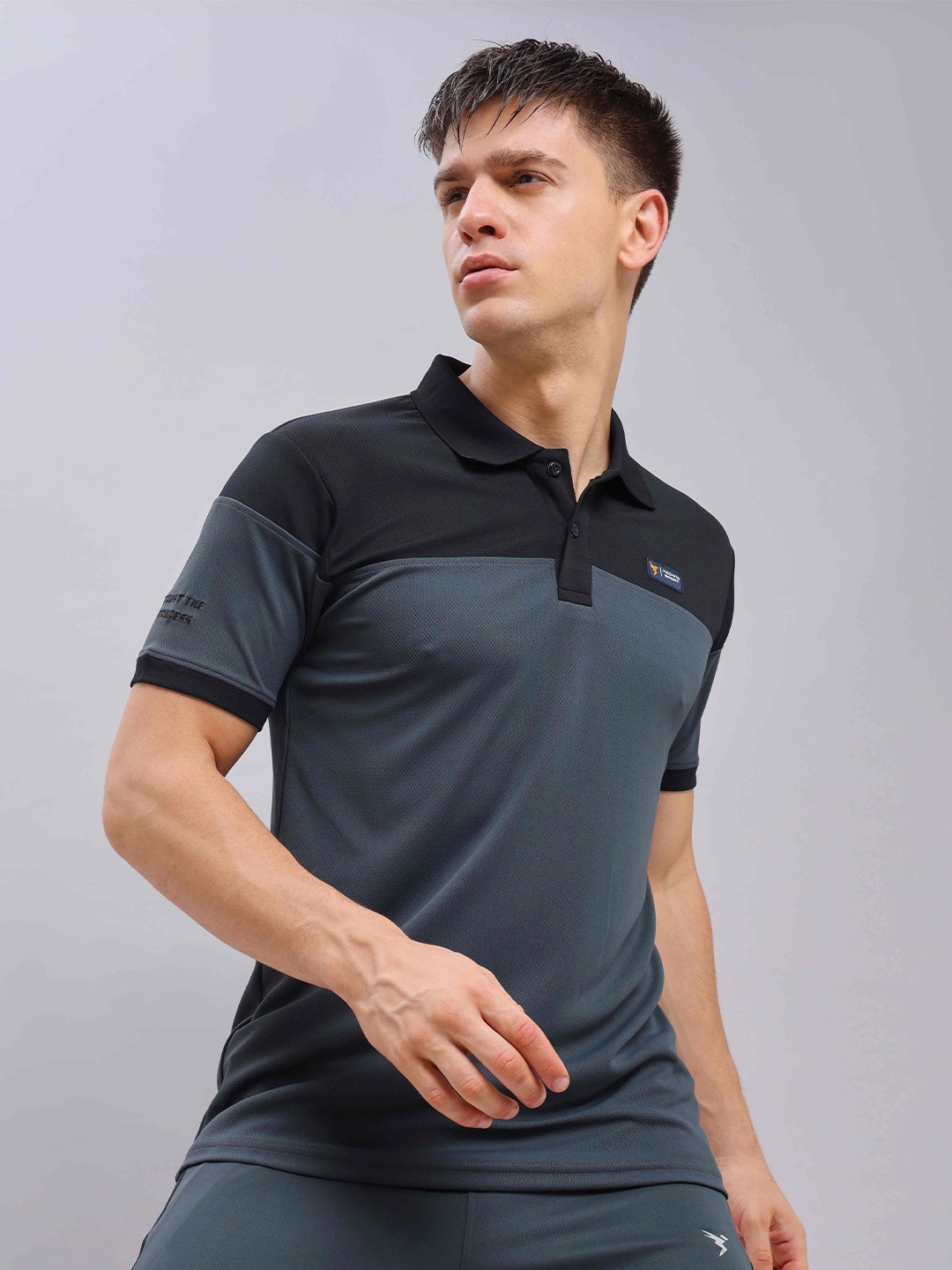 

Technosport Antimicrobial Colourblocked Printed Polo Collar Slim Fit T-Shirts, Charcoal