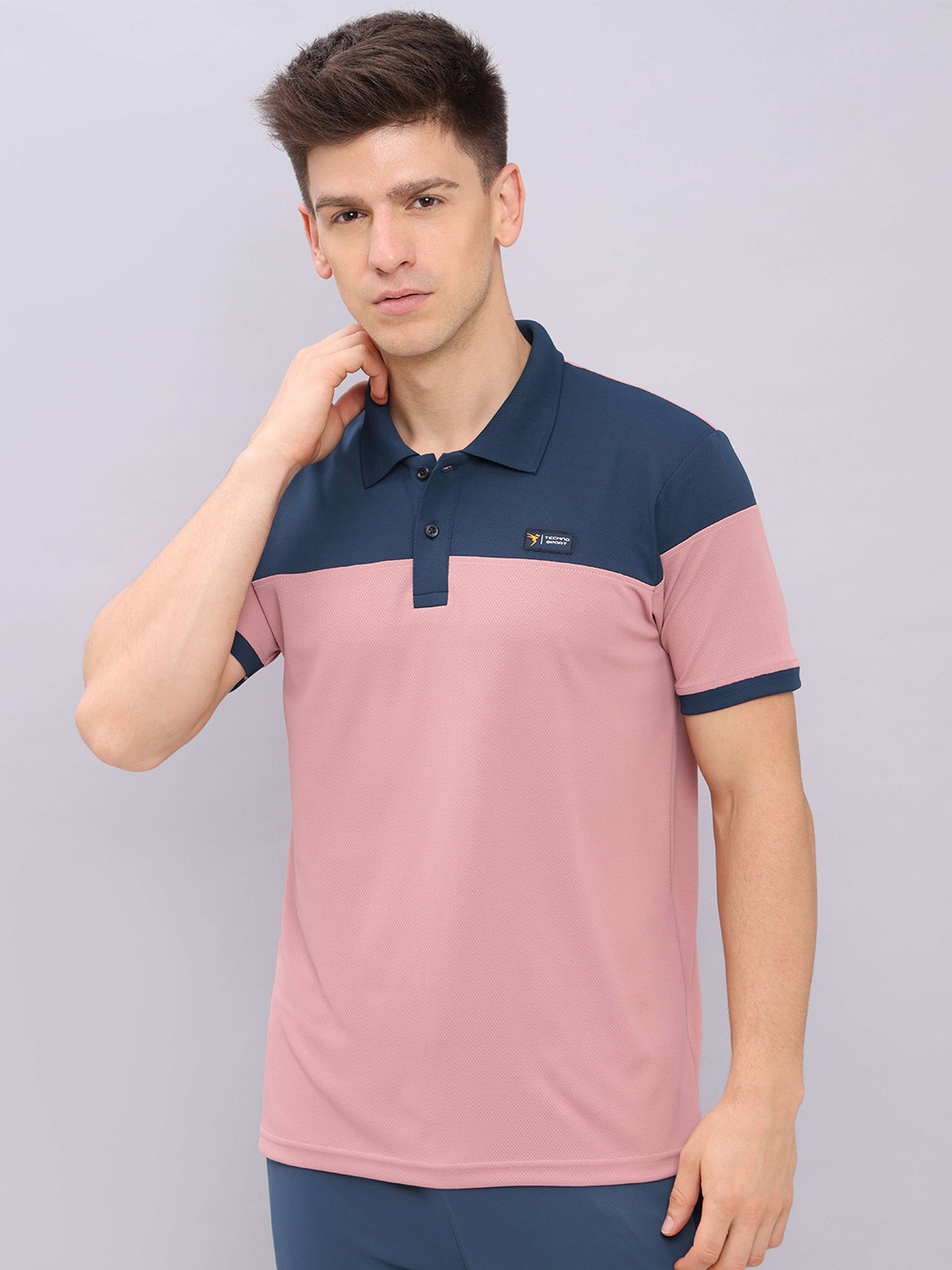 

Technosport Antimicrobial Colourblocked Printed Polo Collar Slim Fit T-Shirts, Pink