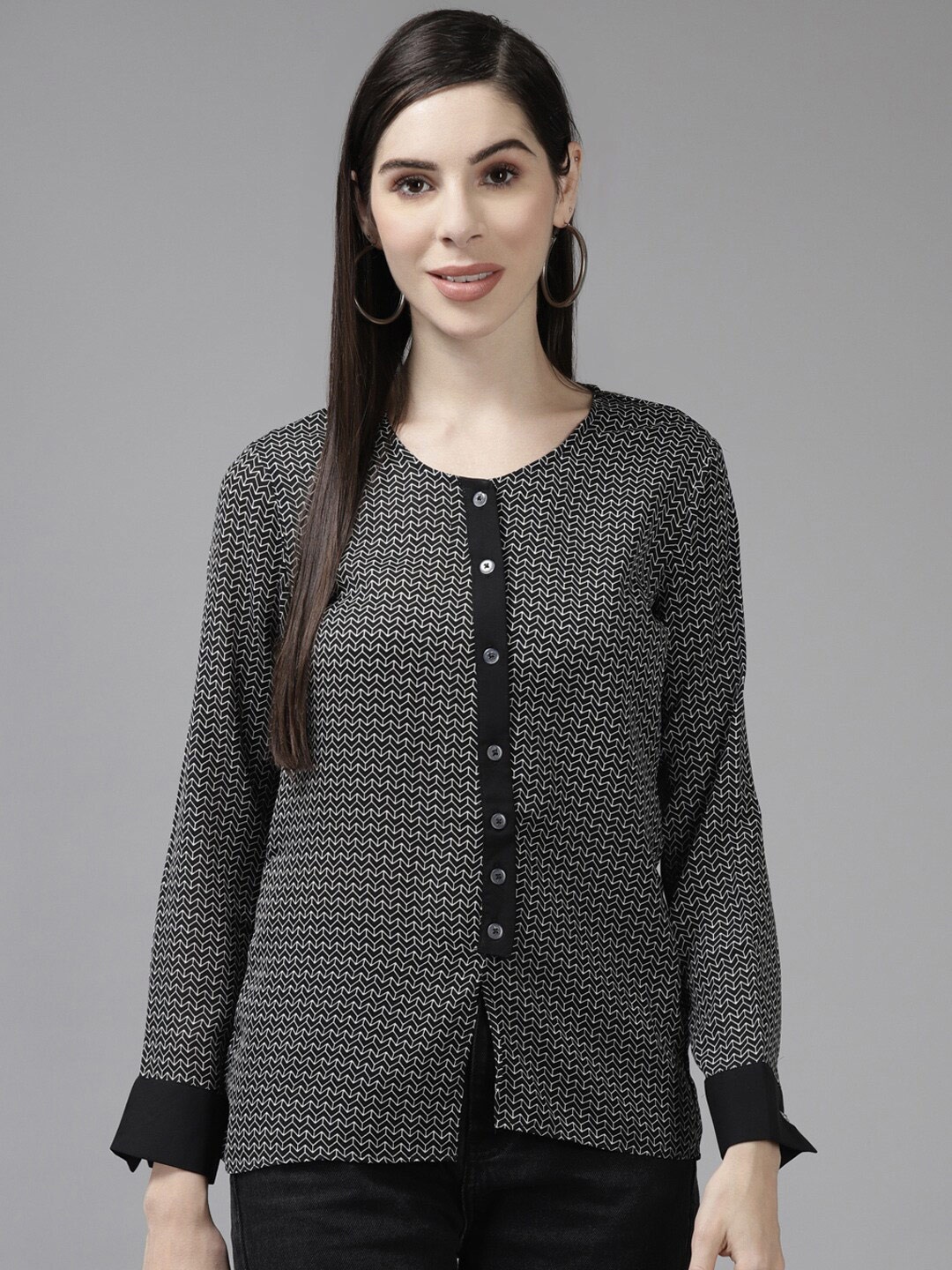

BAESD Geometric Printed Cuffed Sleeve Georgette Top, Black