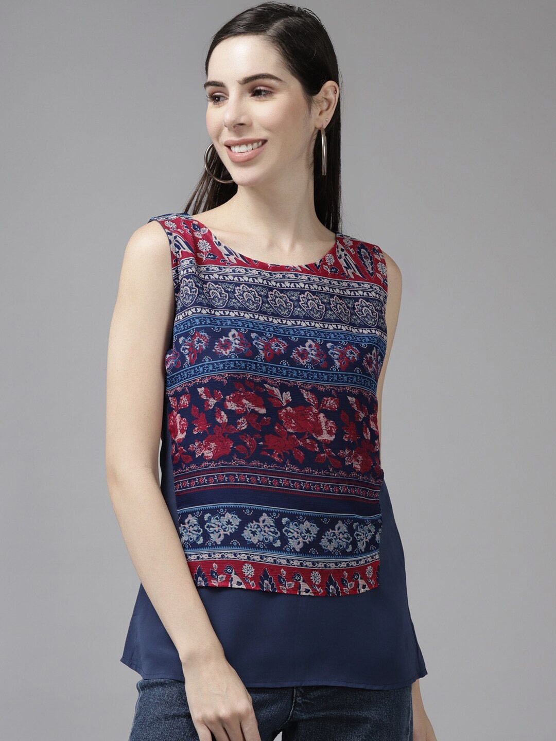 

BAESD Tribal Printed Round Neck Sleeveless Georgette Top, Navy blue