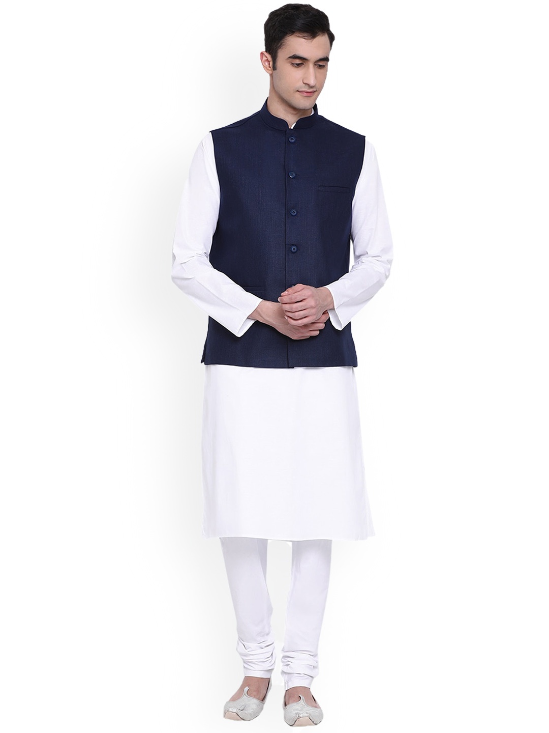 

NAMASKAR Mandarin Collar Cotton Linen Nehru Jacket, Navy blue