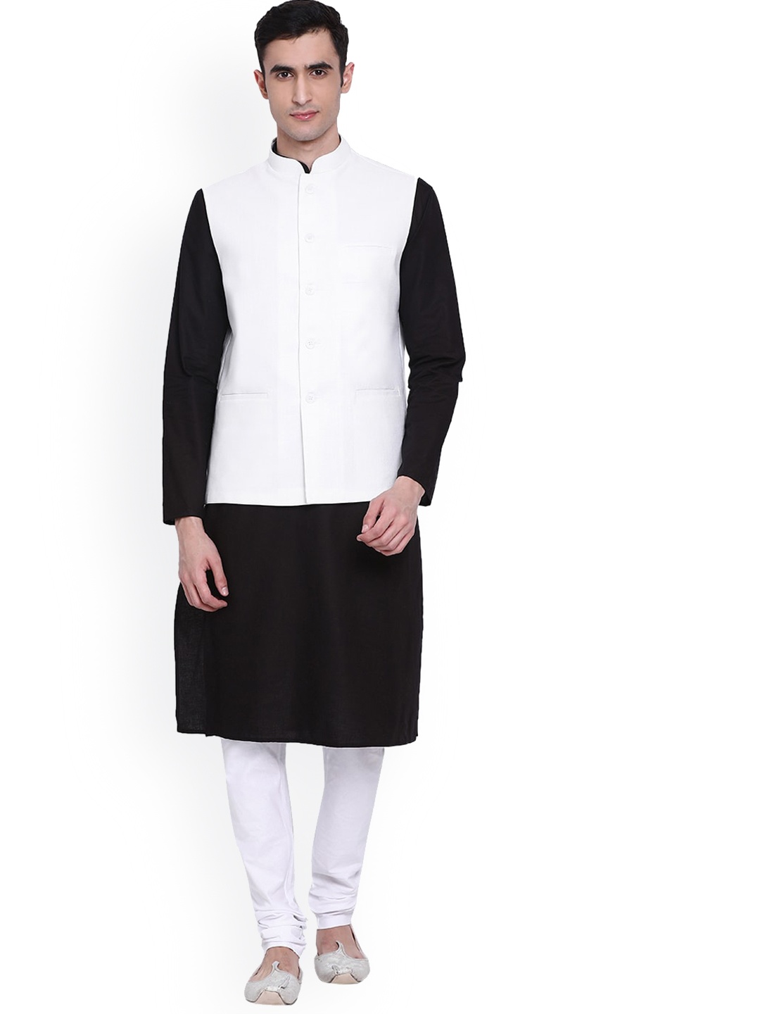 

NAMASKAR Mandarin Collar Cotton Linen Nehru Jacket, White