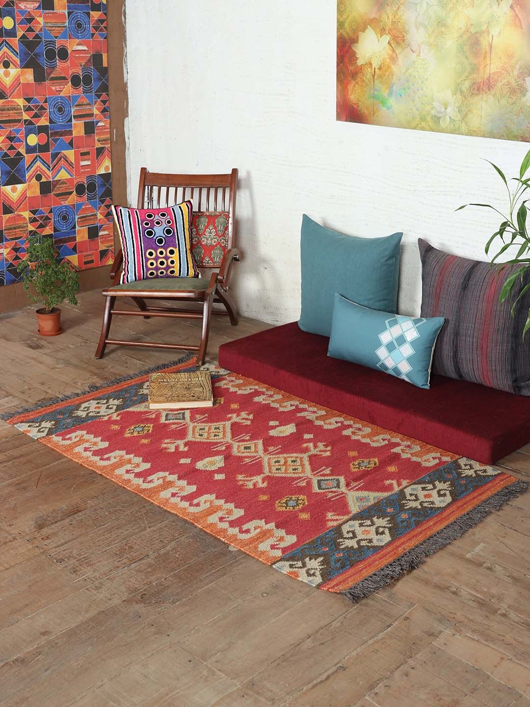 

ZEBA Red Printed Wool Anti-Skid Dhurrie