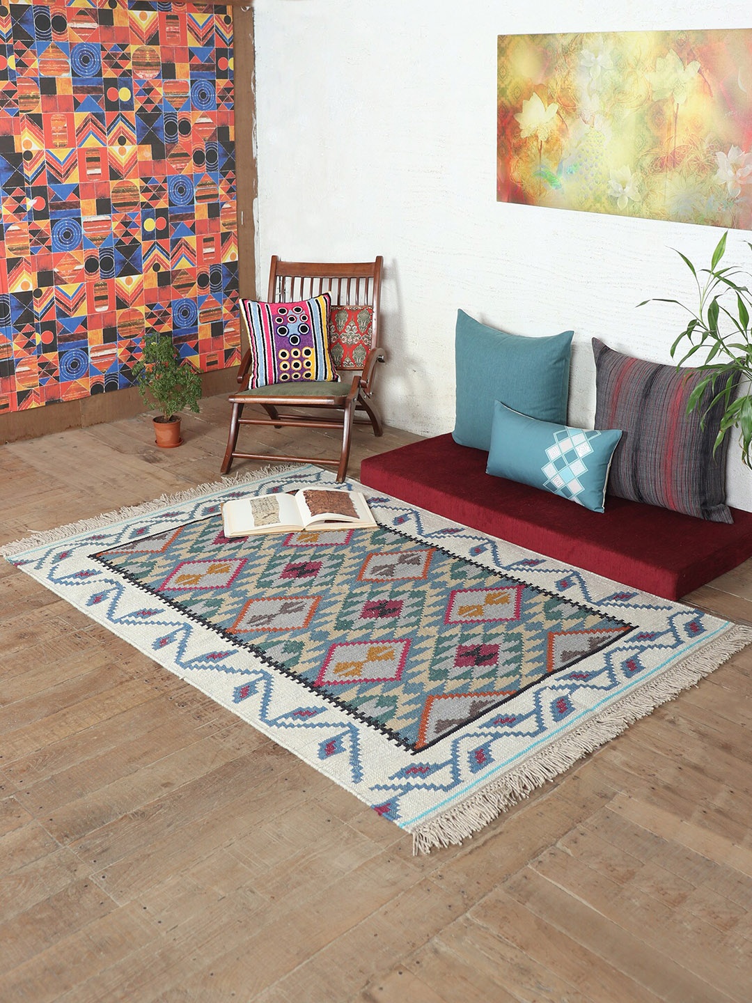 

ZEBA White & Blue Self-Designed Cotton Anti-Skid Dhurrie