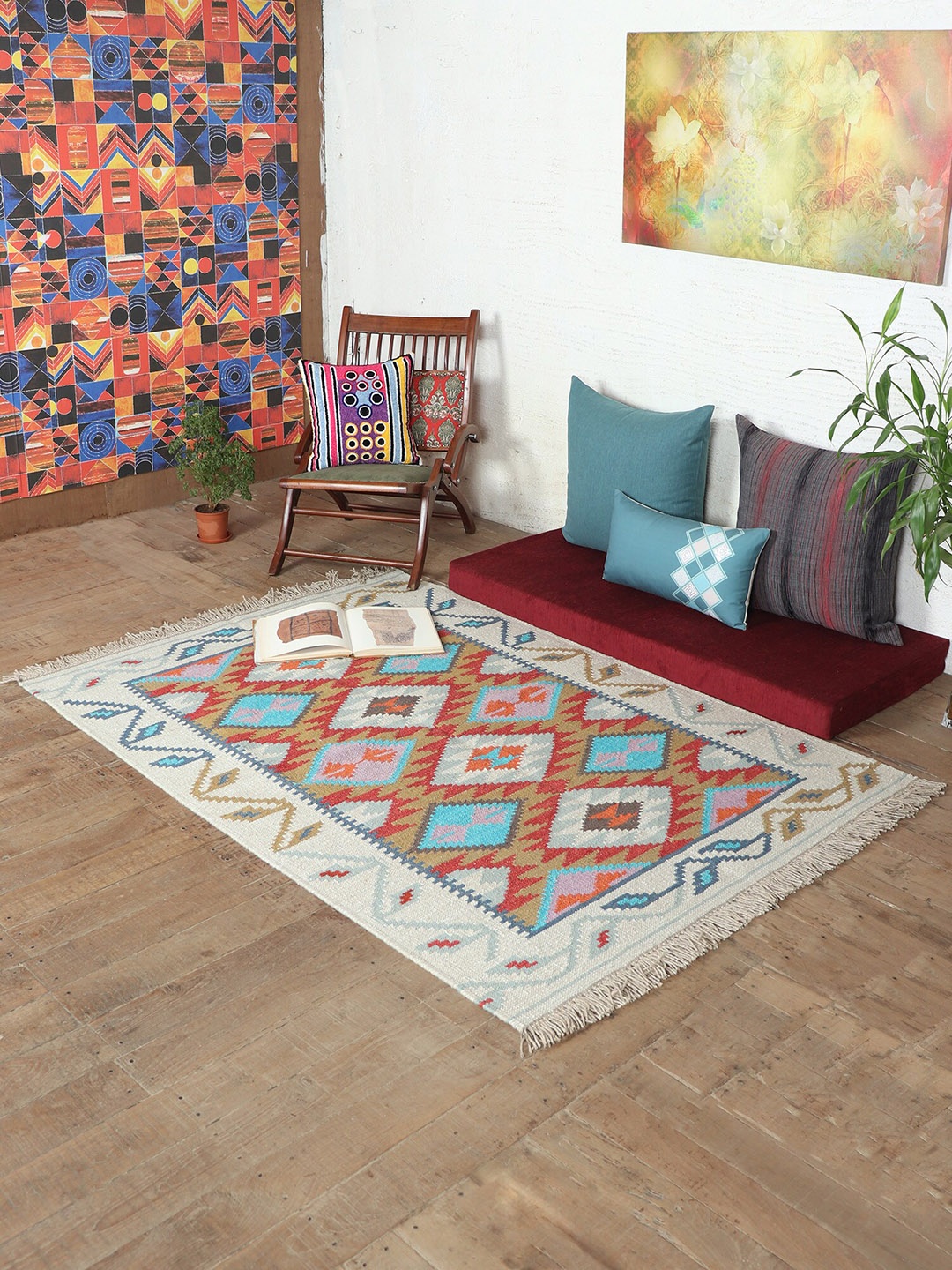

ZEBA White & Blue Geometric Printed Cotton Anti-Skid Dhurrie
