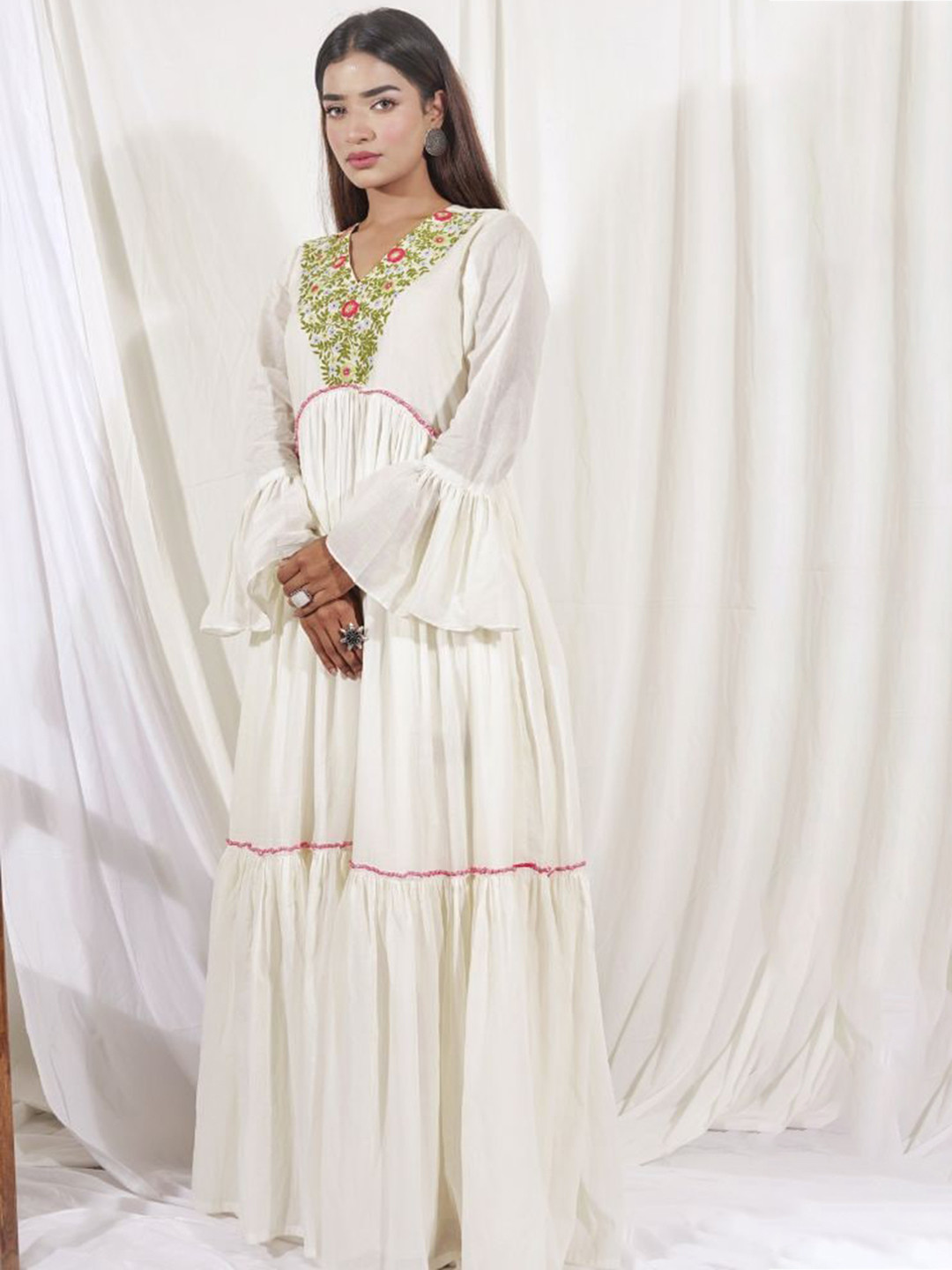 

Label Tamanna Rungta Floral Embroidered Cotton Gown Ethnic Dress, Off white