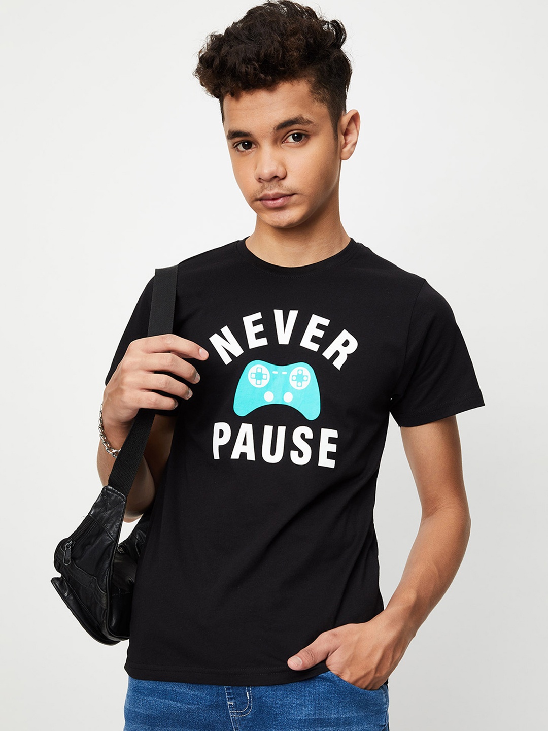max Boys Typography Printed Pure Cotton T-shirt, Black