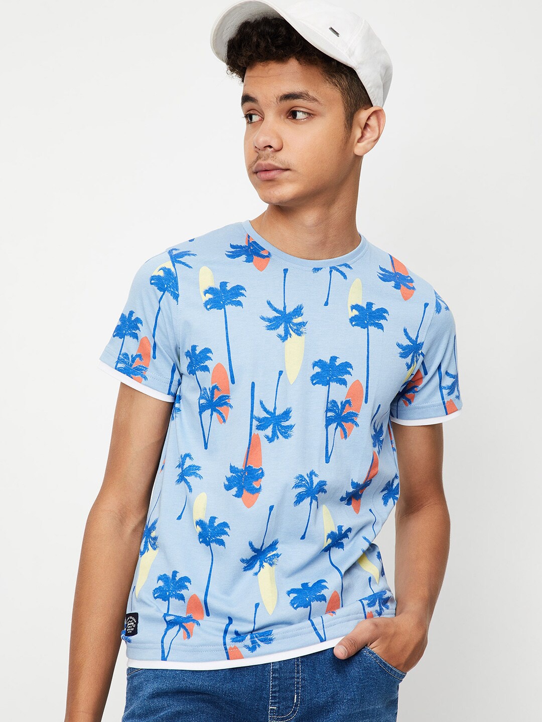 

max Boys Floral Printed T-shirt, Blue