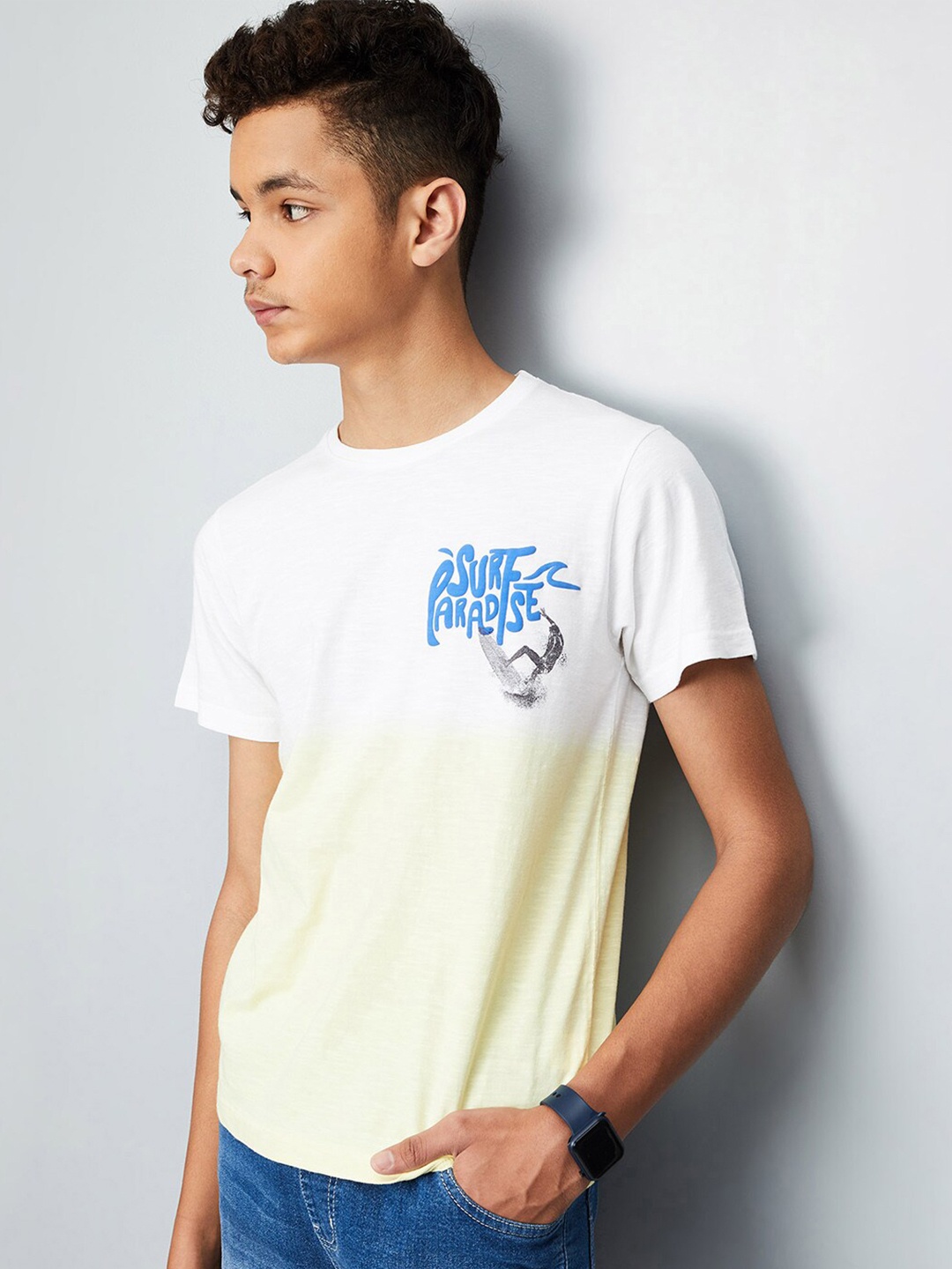 max Boys Typography Printed Pure Cotton T-shirt, Yellow