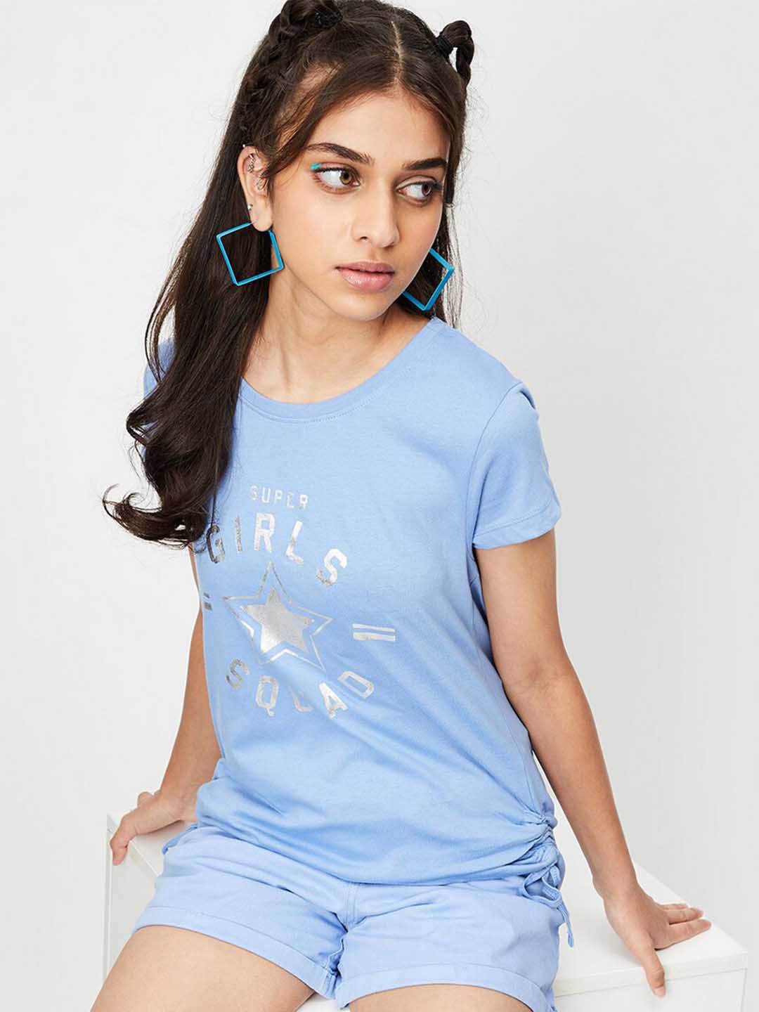 

max Girls Typography Printed Pure Cotton T-shirt, Blue