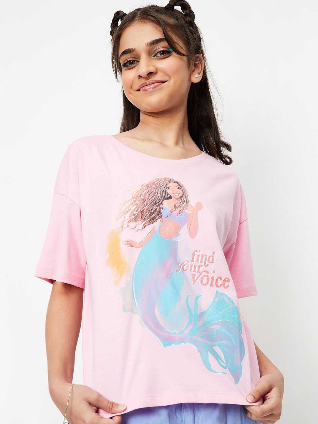 

max Girls Graphic Printed Drop-Shoulder Sleeves Pure Cotton T-shirt, Pink