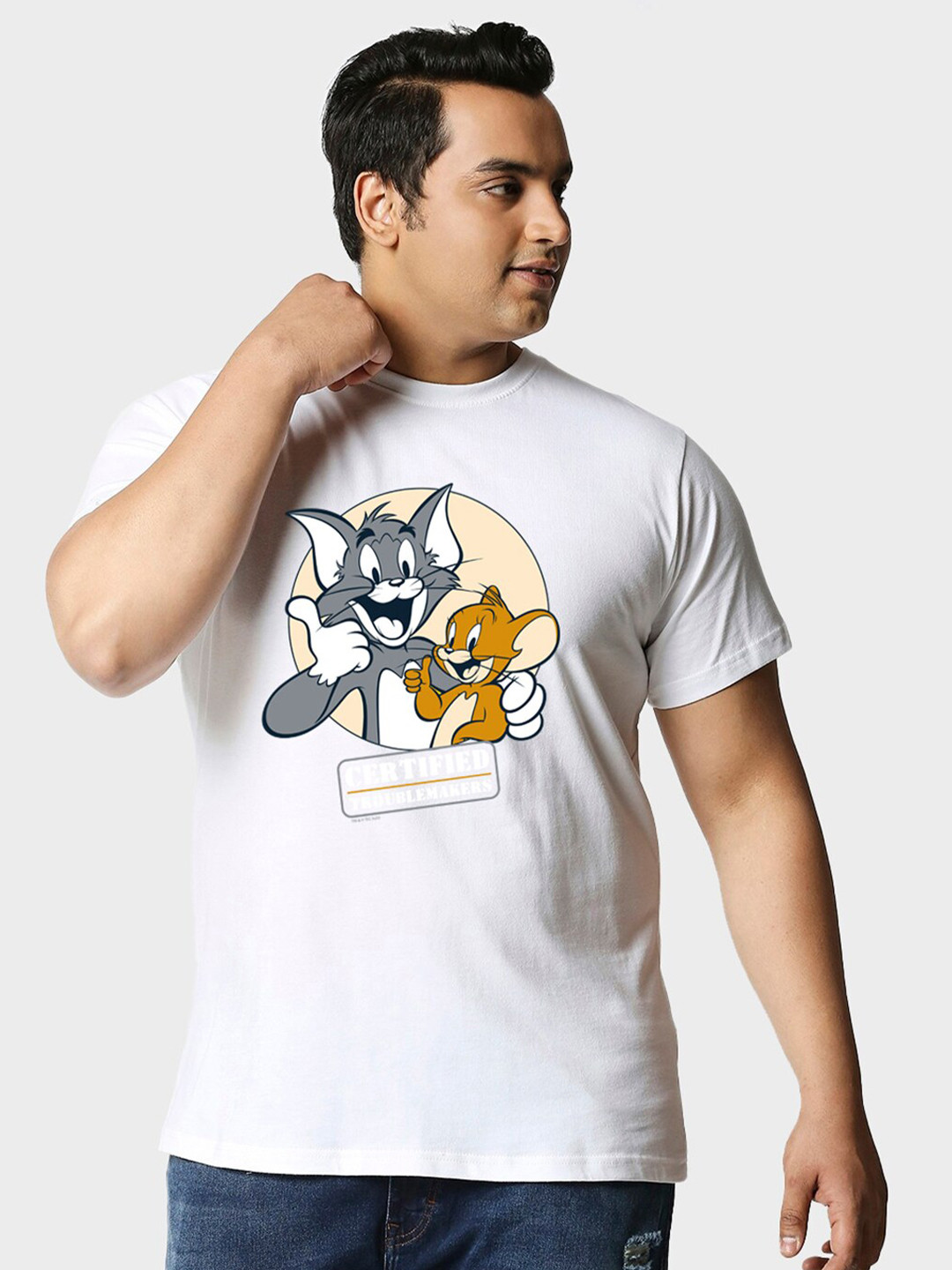 

Bewakoof Plus Size Men Tom & Jerry Printed Pure Cotton T-shirt, White