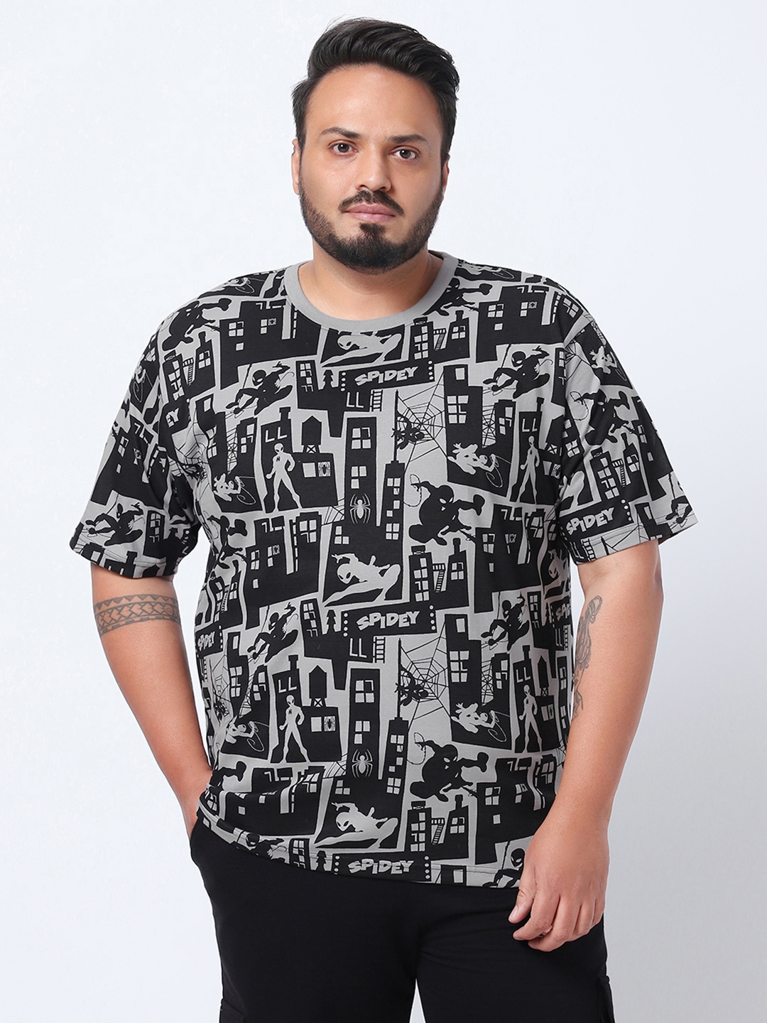 

Bewakoof Plus Spider-Man Printed Pure Cotton T-shirt, Grey
