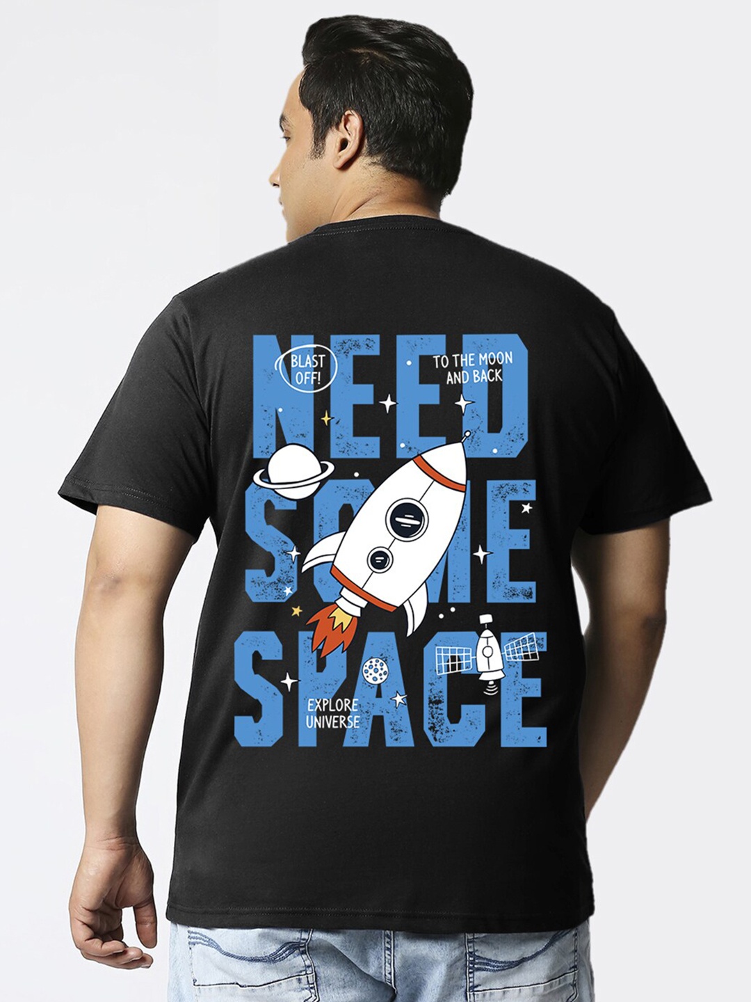 

Bewakoof Plus Size Men Space X Graphic Printed Pure Cotton Oversized T-shirt, Black
