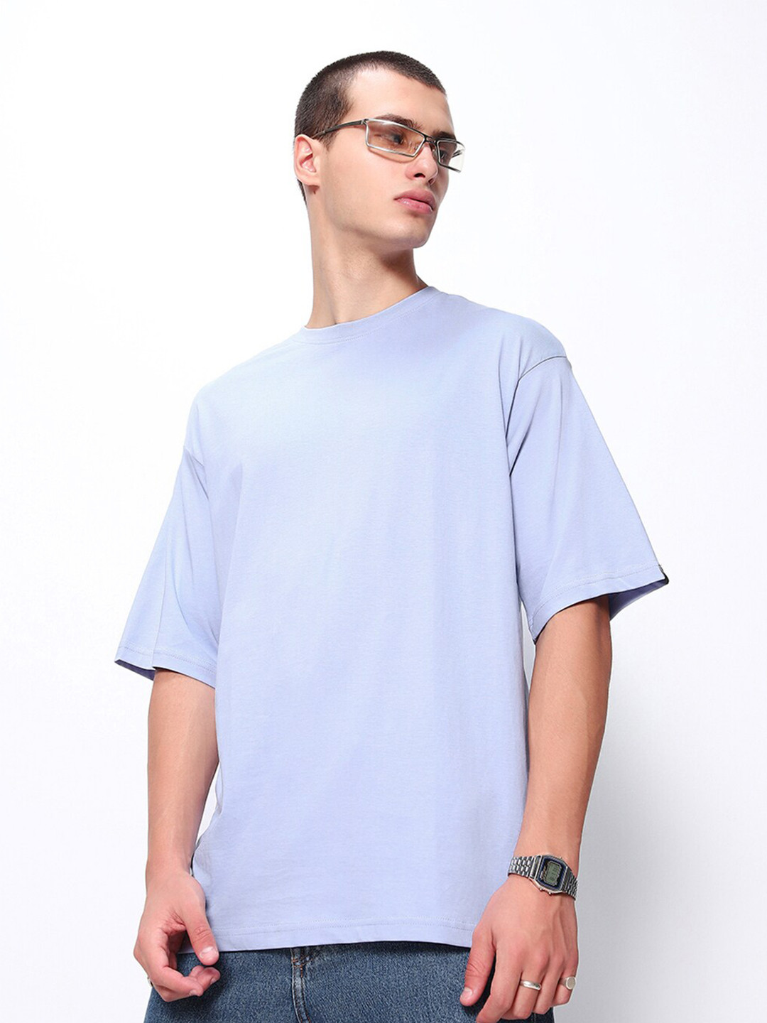 

Bewakoof Plus Men Round Neck Pure Cotton Oversized T-shirt, Purple