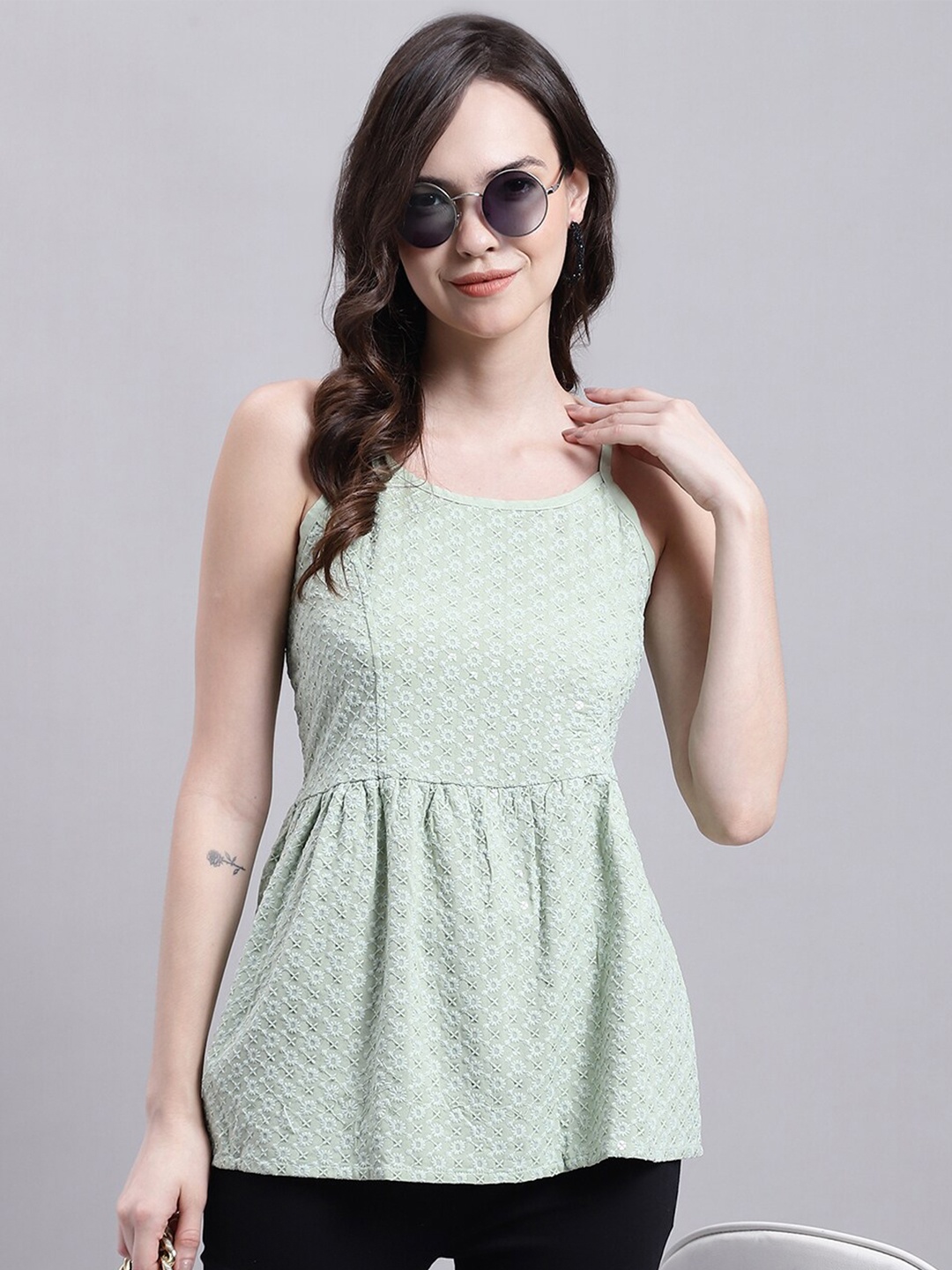 

JAINISH Self Design Chikankari Shoulder Straps Sequined Peplum Top, Green