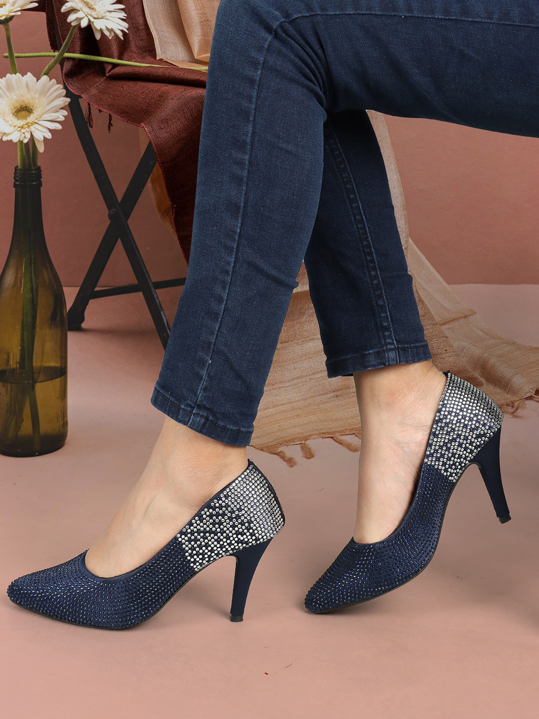 

ELLE Pointed Toe Pumps Slim Heels, Navy blue