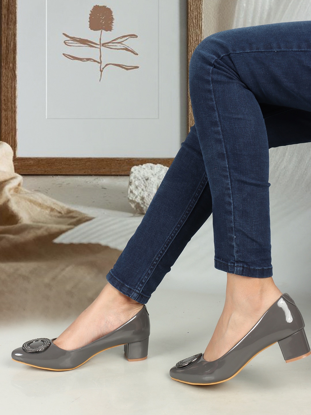 

ELLE Pointed Toe Pumps Block Heels with Embellished, Grey