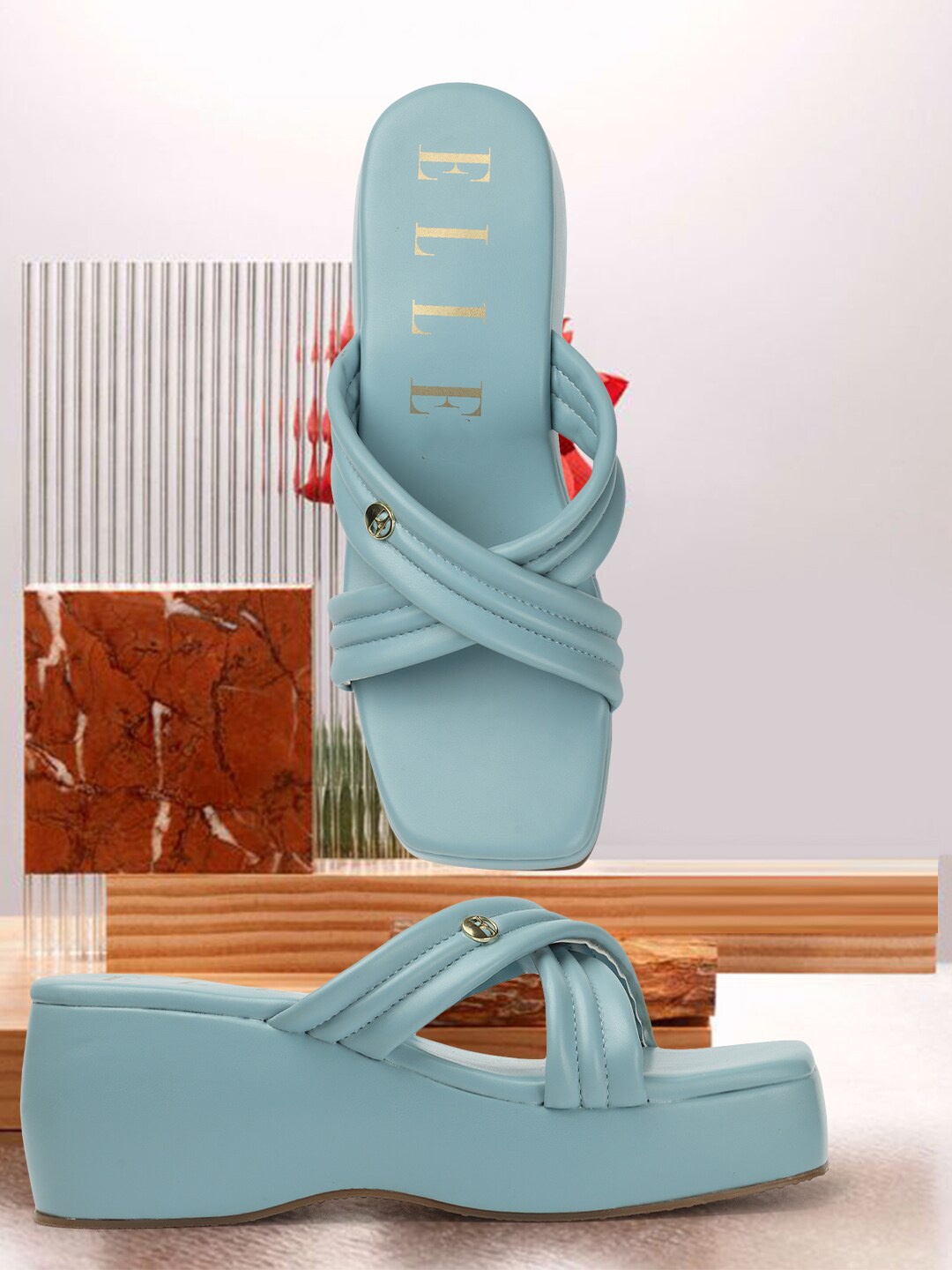 

ELLE Textured Open Toe Wedge Heels, Blue