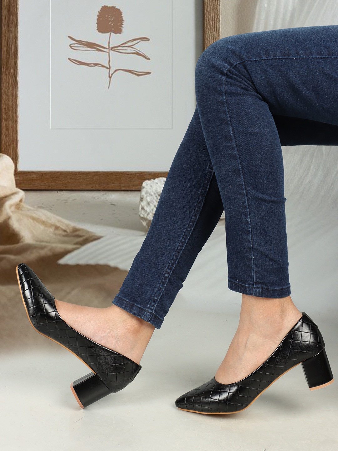 

ELLE Textured Pointed Toe Party Block Pumps, Black