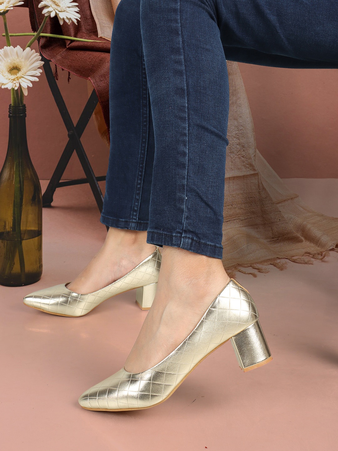 

ELLE Textured Pointed Toe Block Heel Pumps, Gold