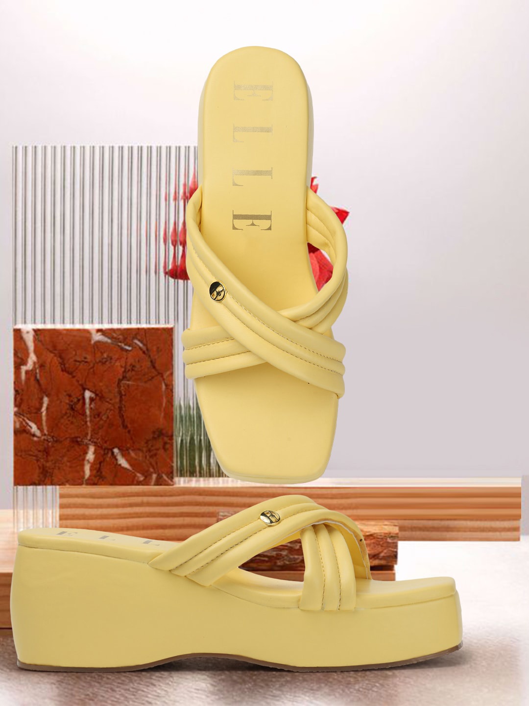 

ELLE Textured Open Toe Wedge Heels, Yellow