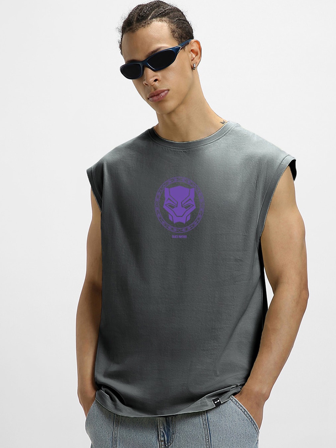 

Bewakoof X Official Marvel Merchandise Graphic Printed Boxy Fit Cotton Vest, Grey