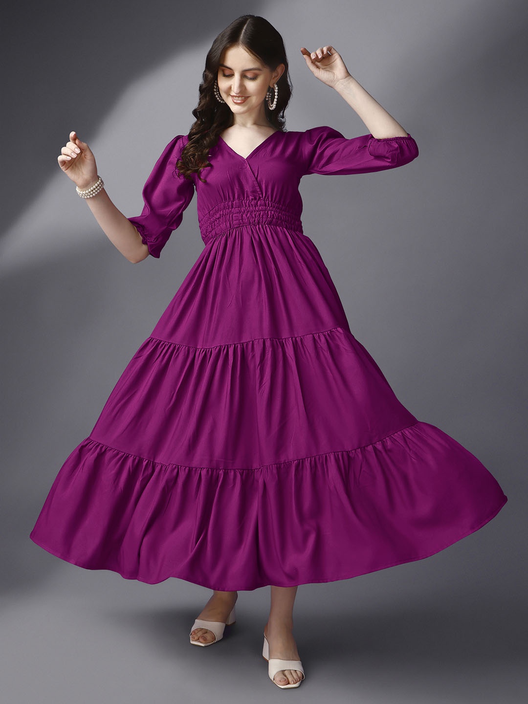 

Femvy Smocked Tiered Puff Sleeve Maxi Fit & Flare Dress, Magenta