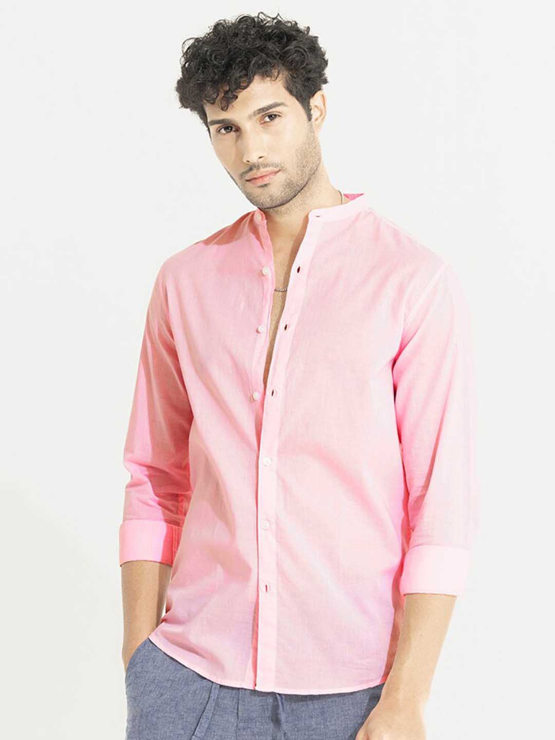 

Snitch Pink Classic Band Collar Slim Fit Cotton Casual Shirt