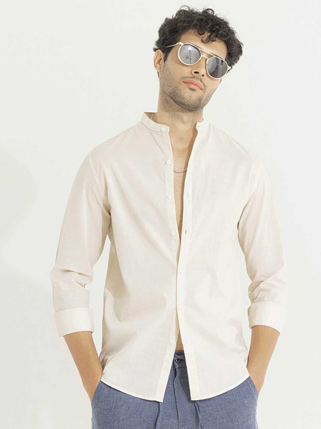

Snitch Off White Classic Band Collar Slim Fit Cotton Casual Shirt
